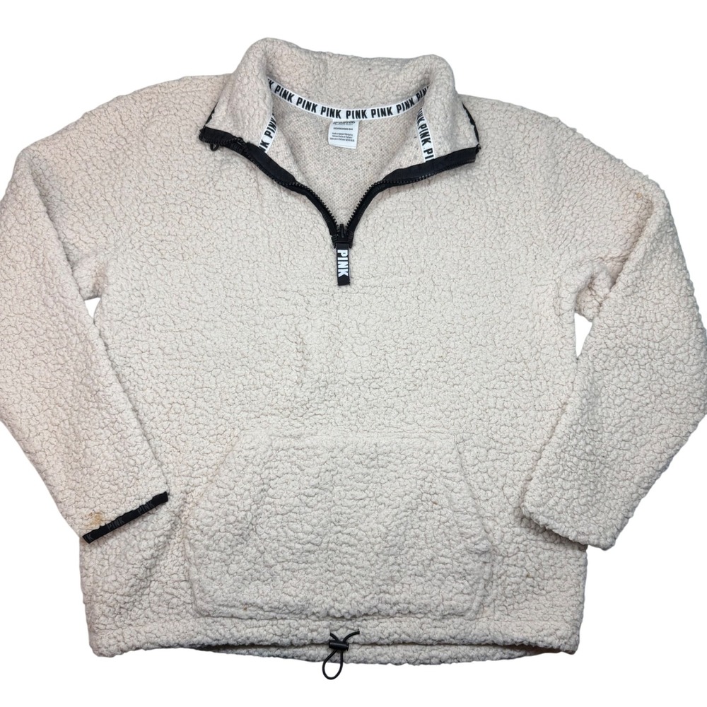 PINK Victoria's Secret XS Sherpa Pullover Half Zip‎ Fleece Sweatshirt Cream Cozy